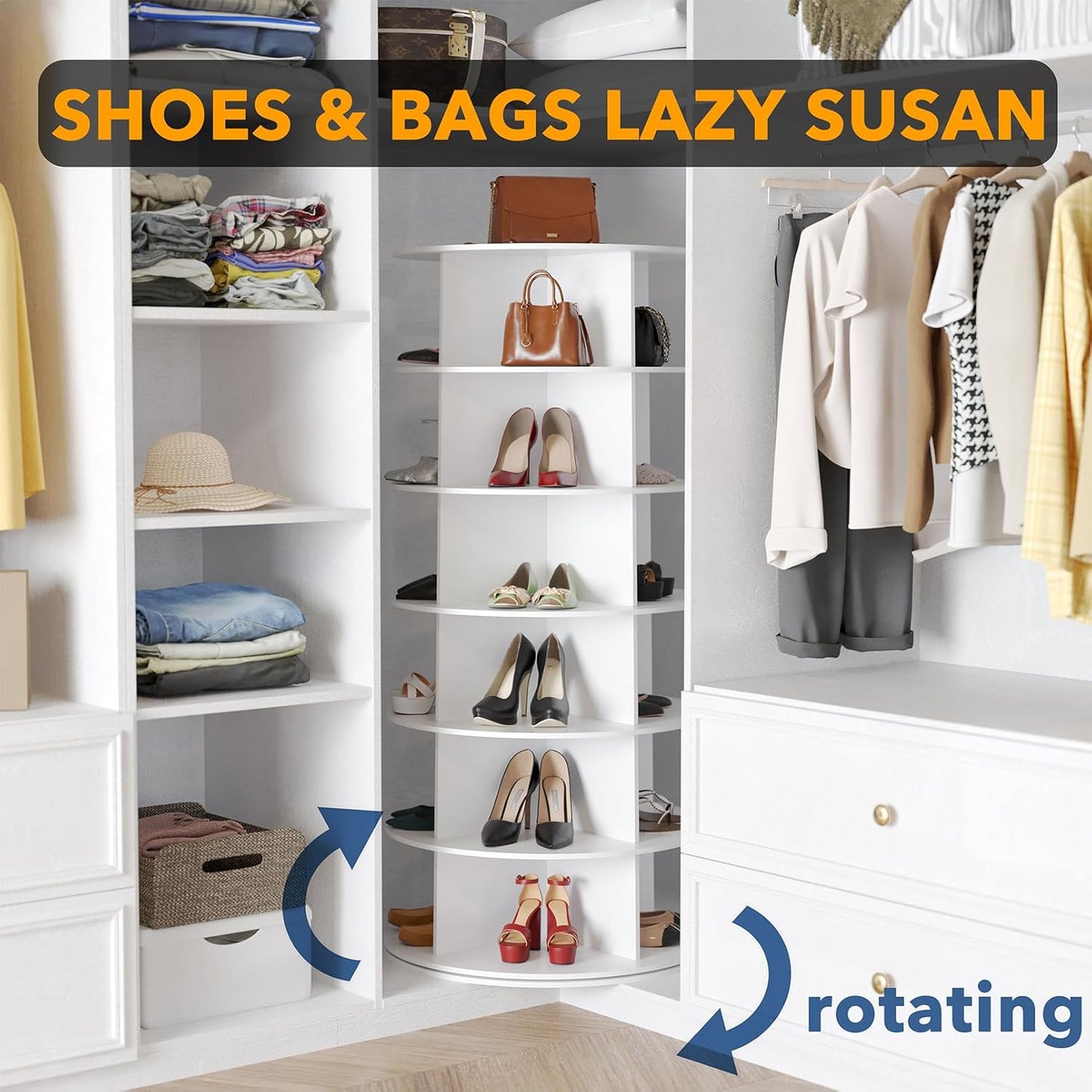 SpaceAid 6 Tier Rotating Shoe Rack Tower, Spinning Shoe Display Lazy Susan, Revolving 360 Shoe Rack Storage Round Carousel, Vertical Handbag Rotate Shoes Closet Organization (6-Tier White)