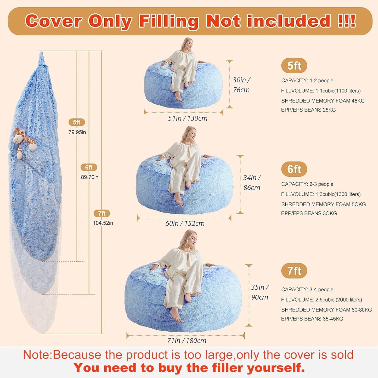 Bean Bag Covers Only, Fluffy Stuffed Beanbag Chair Covers No Filler, Washable Bean Bags Cover for Adults, Stuffed Animal Bean Bag Anti-Slip, 5FT, Blue