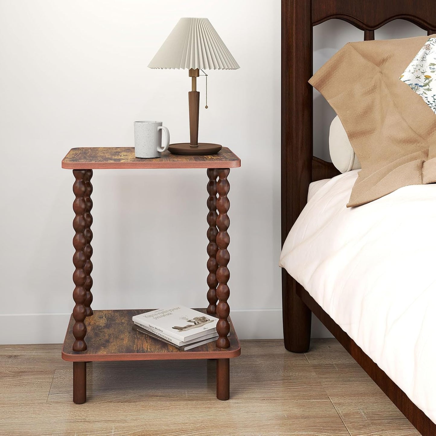 2-Tier End Table,Vintage Side Table,Solid Wood Bedside Table with Storage Rack,for Living Rooms, bedrooms, and Narrow Spaces (Rustic Brown)