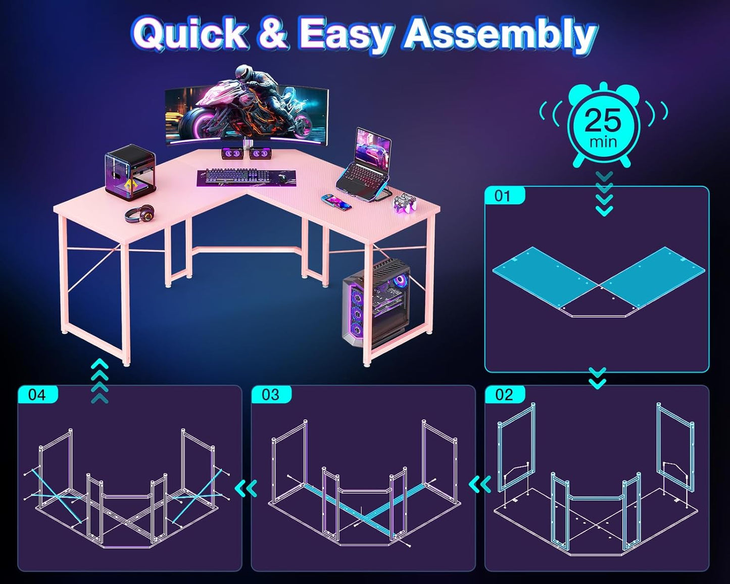 Casaottima L Shaped Gaming Desk, Corner Desk Gaming Table for Home Office, Computer Desk Sturdy Writing Workstation for Small Space, Easy to Assemble, 51 inch, Carbon Fiber Surface, Pink
