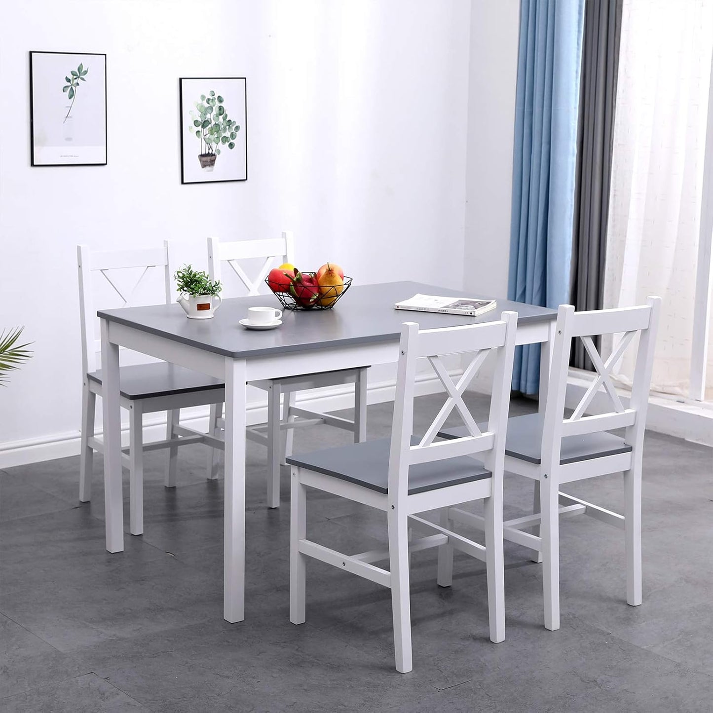 soges Dining Table Set for 4, 42.5 inch Pine Wood Dining Room Table with 4 Chairs, 5-Piece Kitchen Table Chairs Set for Small Space, Apartment, Dinette, Breakfast, White & Grey