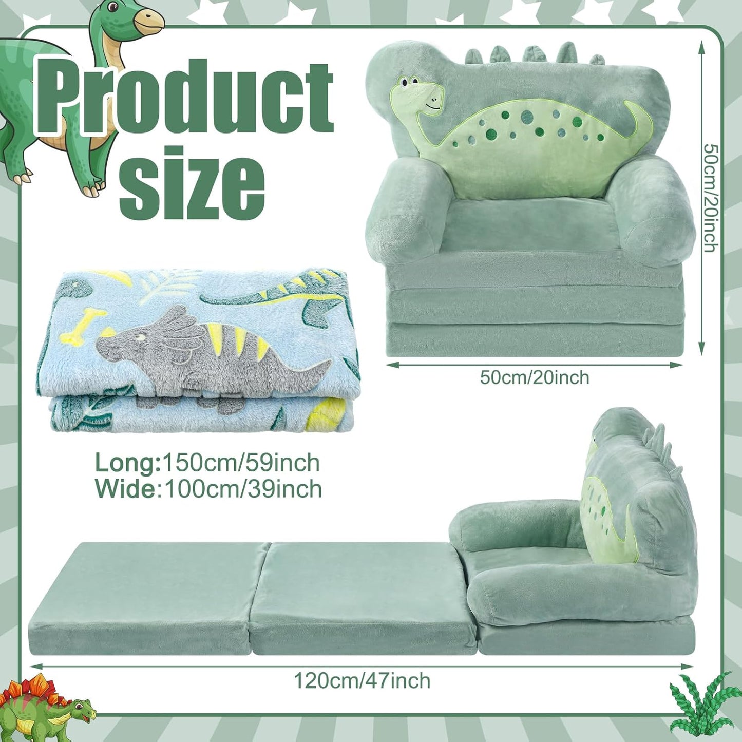 Dinosaur Kids Couch Fold Out 2-in-1 Toddler Sofa Fold Out with Blanket, Soft Toddler Chair Comfy for Boys Girls Baby, Convertible Sofa to Lounger for Napping Reading Playing Christmas, Green