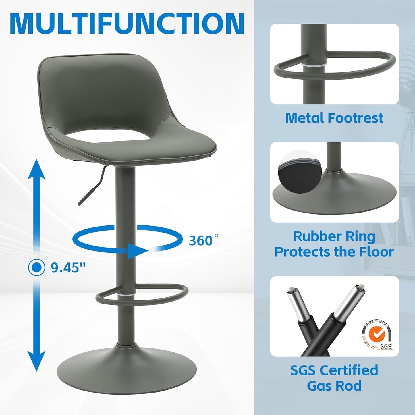 YOUNIKE Bar Stools Set of 2 Modern Swivel Barstools, Adjustable Counter Height Bar Stools Faux Leather Upholstered Counter Stools with Hollow Back for Kitchen Island, All Olive Green