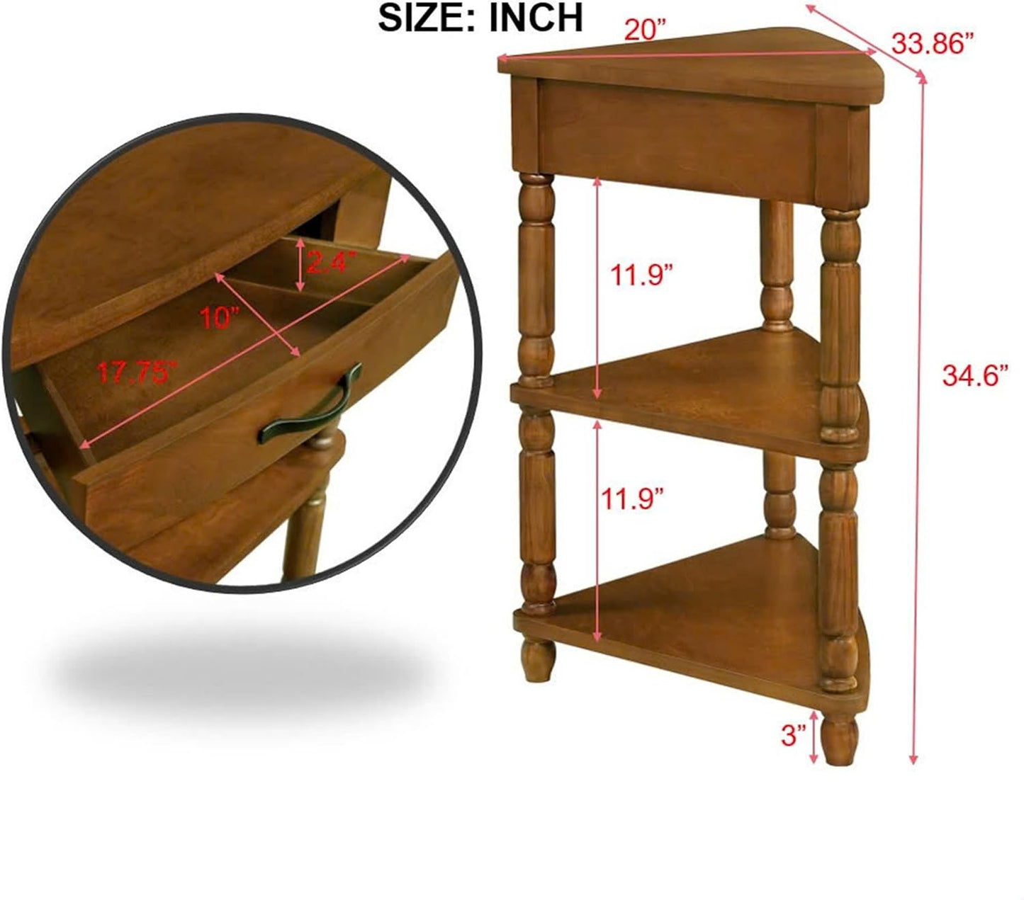 GDFStudio Trmxmbi 3 Tier Corner Console Table with 1 Storage Drawers and Shelves, 33.8'' Rustic Wood Triangle Sofa End Table for Small Spaces, Solid Wood Legs, Brown