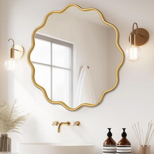 PROHOMEWARE Gold Round Mirror 36 Inch Wavy Bathroom Vanity Mirror Gold Frame Modern Wall Mirror Decorative Wall-Mounte Anti-Rust, Tempered Glass