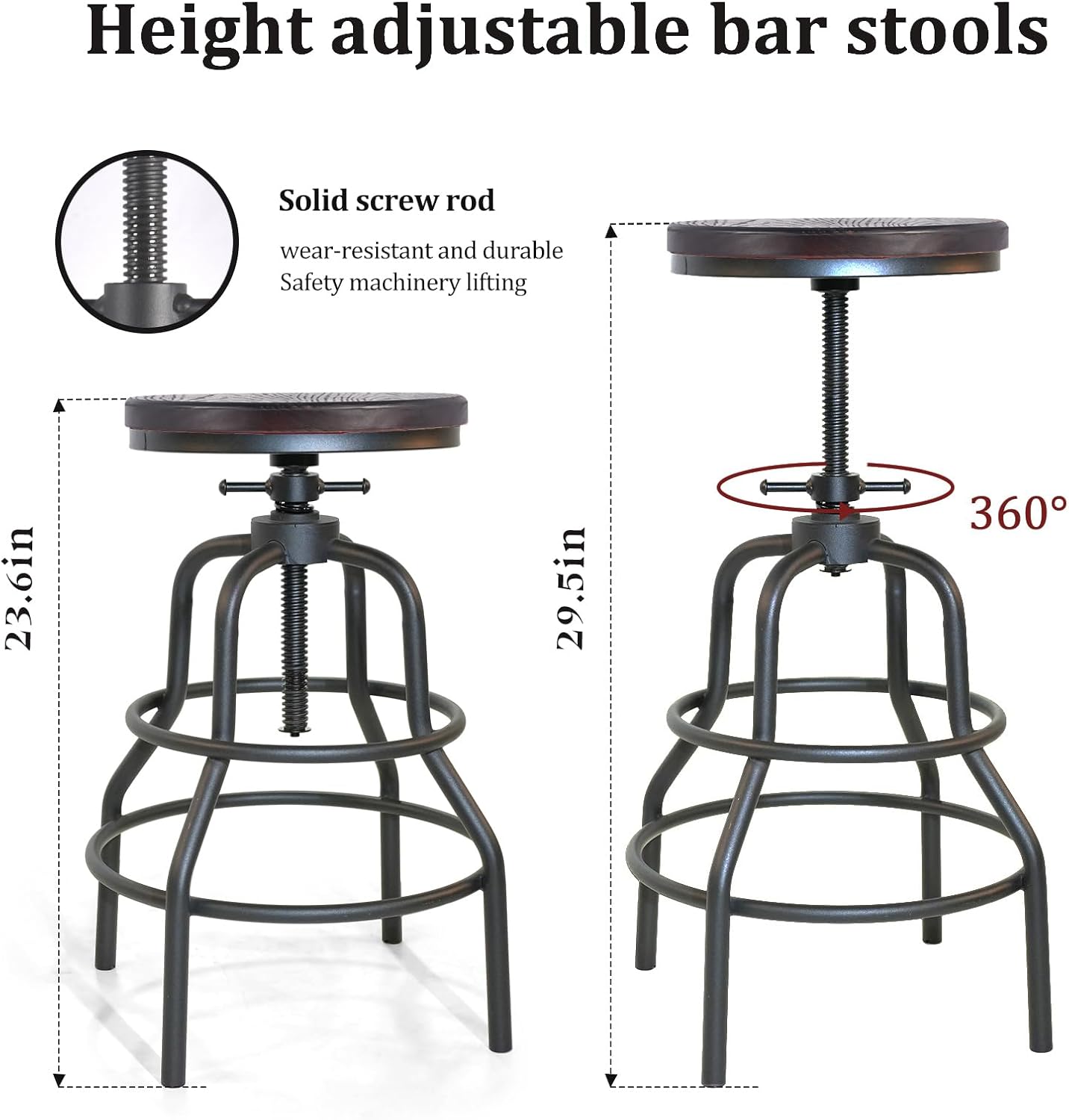 LOKKHAN Vintage Industrial Bar Stool-Rustic Swivel Bar Stool-Round Walnut Wood Metal Stool-Counter/Bar Height Adjustable Pipe Stool-Cast Steel Stool 23.62"-29.52" (Set of 2)