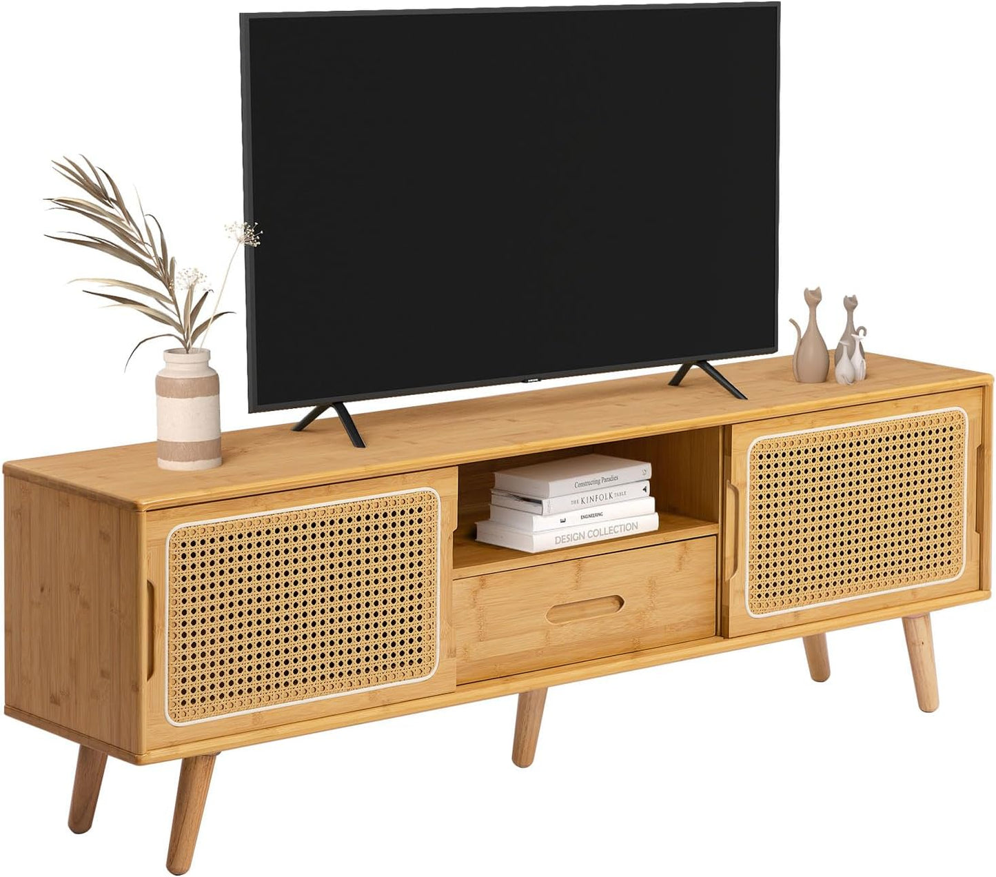 HollyHOME Bamboo TV Stand with Storage for TVs up to 65", Modern Entertainment Center with Rattan and Drawer, Accent TV Table with 2 Shelf, Media Console Cabinet for Living Room, Bedroom, Burlywood