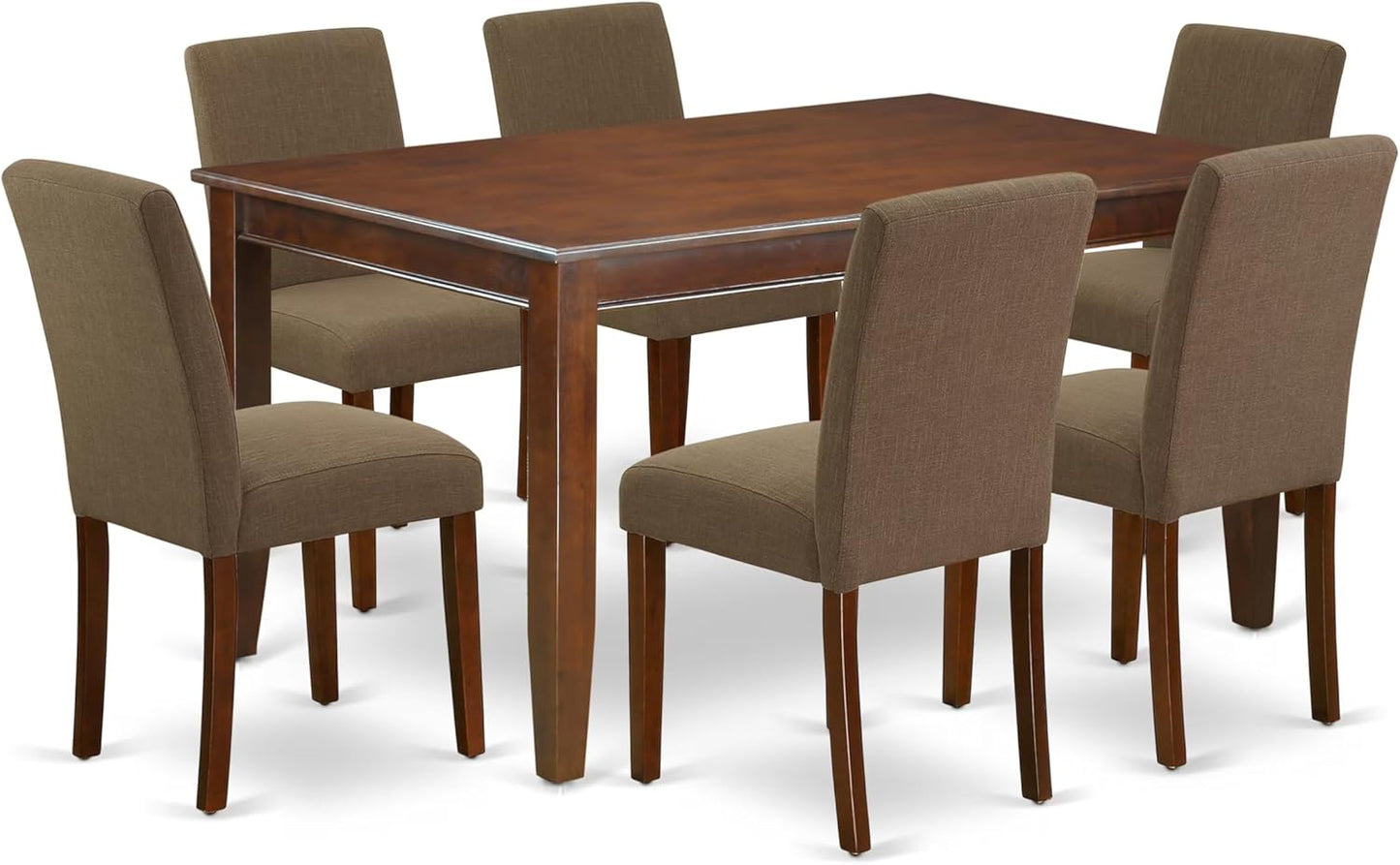 East West Furniture DUAB7-MAH-18 7 Piece Dining Room Table Set Consist of a Rectangle Kitchen Table and 6 Coffee Linen Fabric Parson Dining Chairs, 36x60 Inch, Mahogany