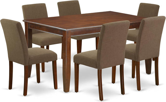 East West Furniture DUAB7-MAH-18 7 Piece Dining Room Table Set Consist of a Rectangle Kitchen Table and 6 Coffee Linen Fabric Parson Dining Chairs, 36x60 Inch, Mahogany