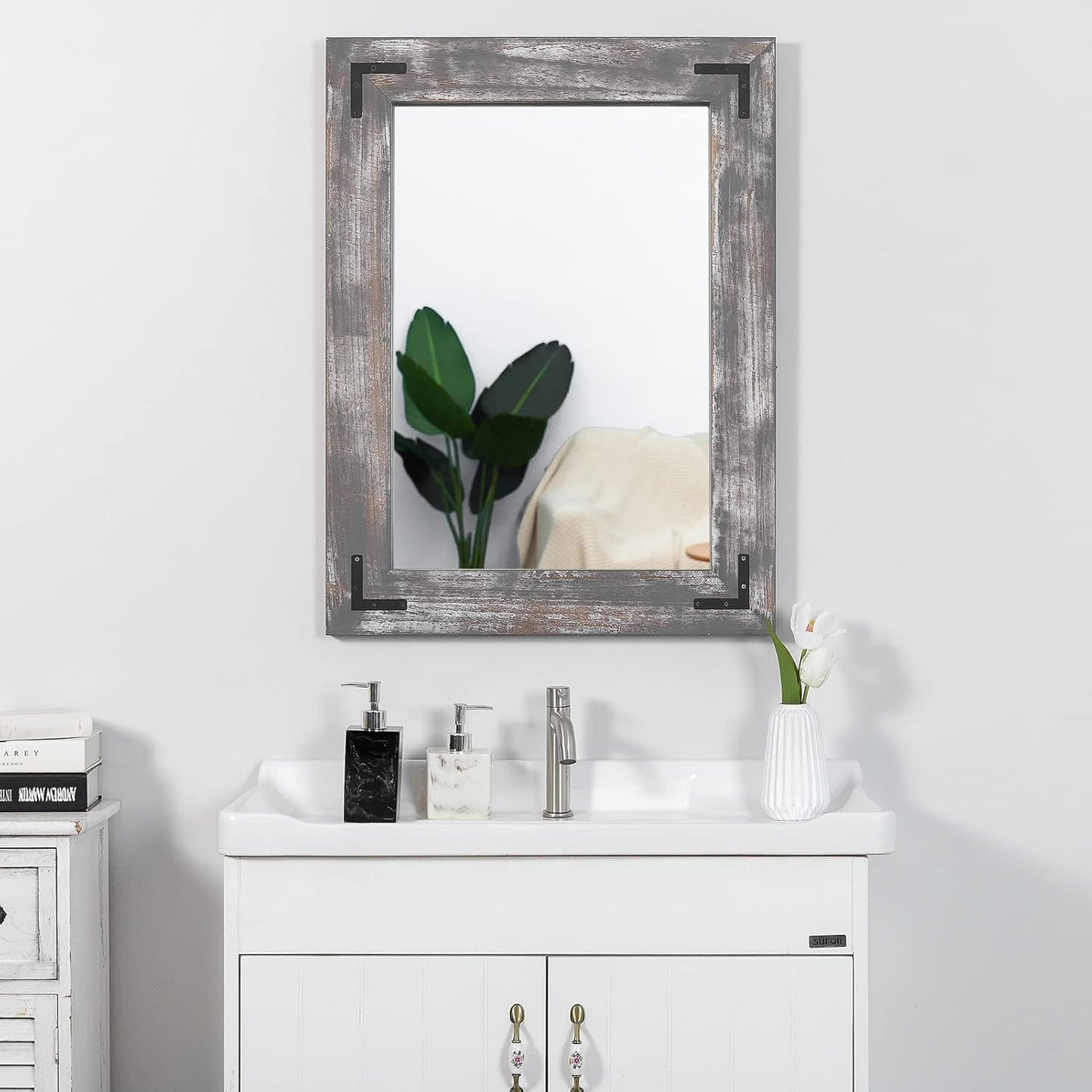 YOSHOOT Rustic Wooden Framed Wall Mirror, 40"x30", Natural Wood Bathroom Vanity Mirror for Farmhouse Decor, Vertical or Horizontal Hanging