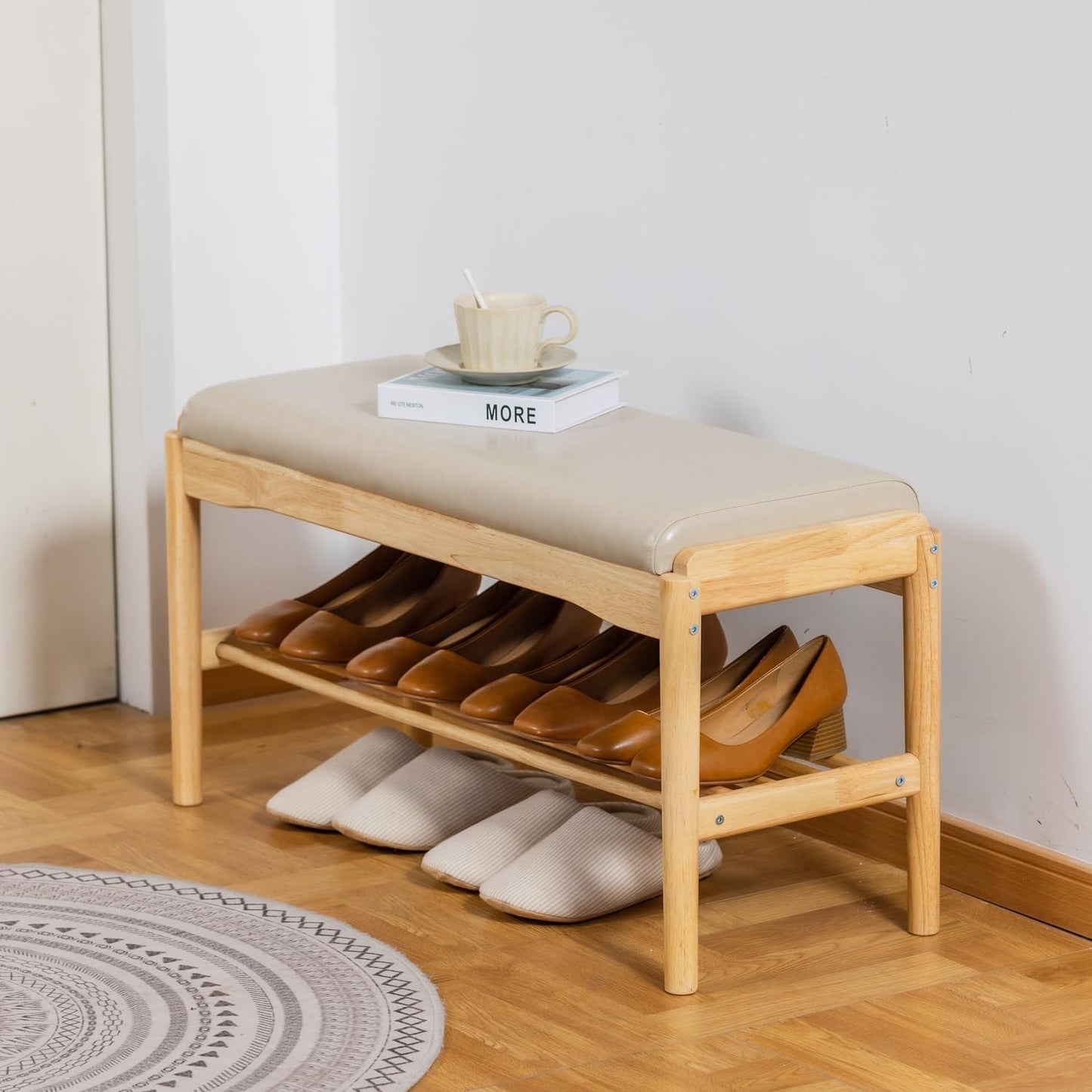 latifolia Small Shoe Bench, Solid Wood Bench with Cushion, 2 Tier Shoe Storage Organizer for Entryway(Nature,31.50''L)