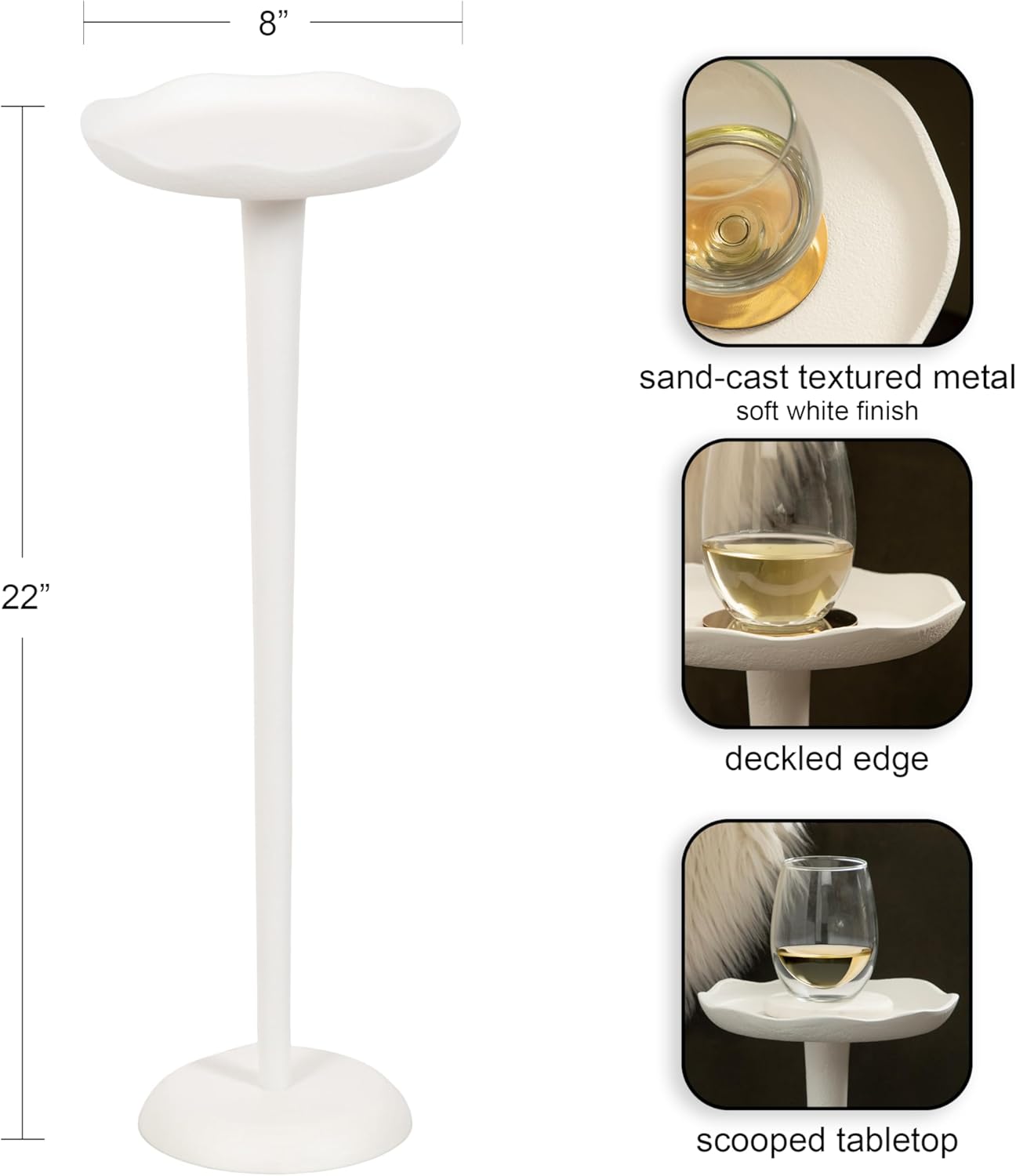 Kate and Laurel Alessia Modern Decorative Metal Drink Table, 8 x 8 x 22, White, Transitional Round Cast Aluminum Pedestal Plant Stand with Rough Texture and Wavy Scalloped Edge