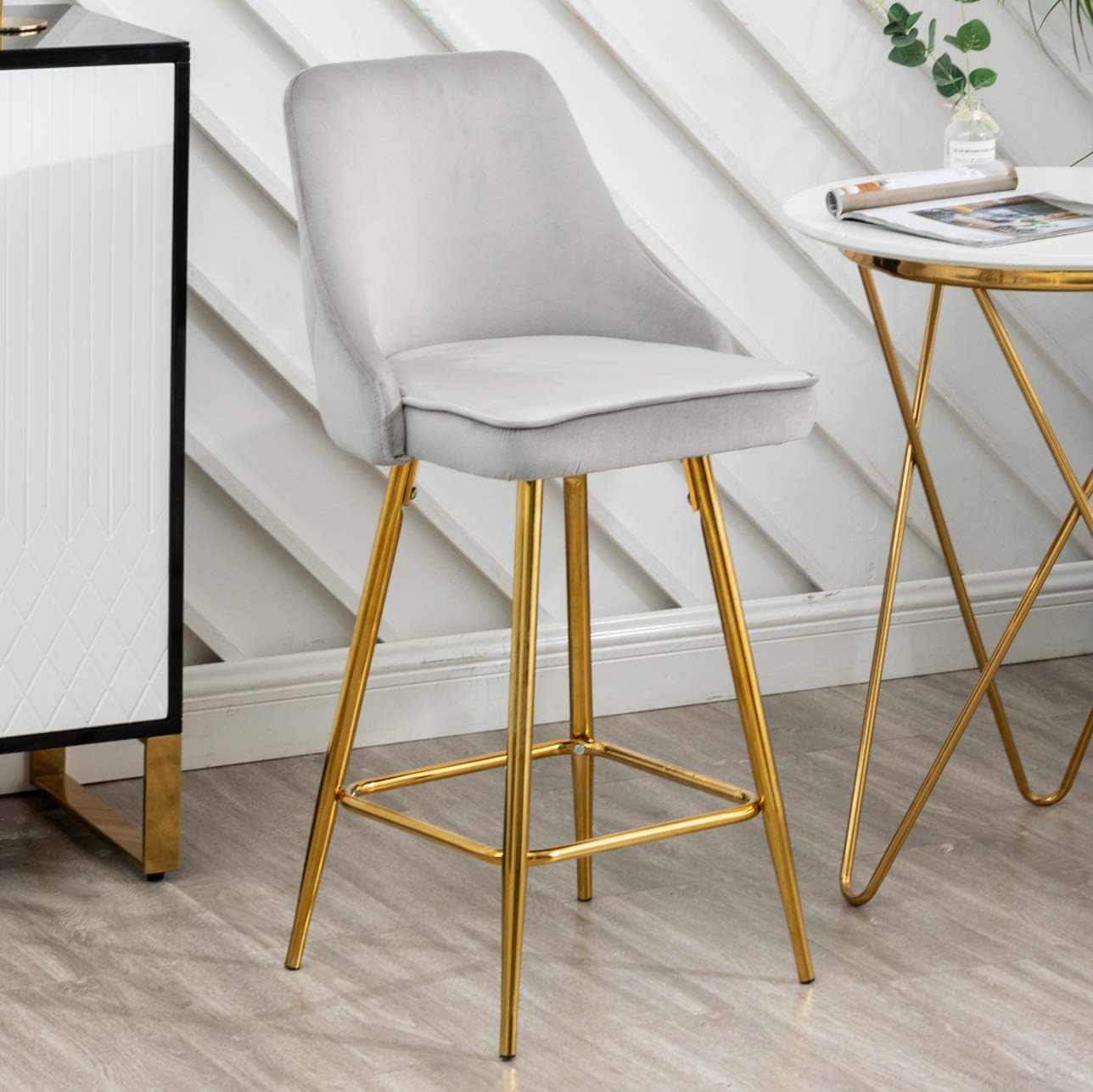 BTEXPERT Set of 2. Upholstered Dining Bar Chairs Footrest High Back Counter Height Barstools, Tufted Grey Velvet Gold Frame 25" Modern Kitchen Island Stool