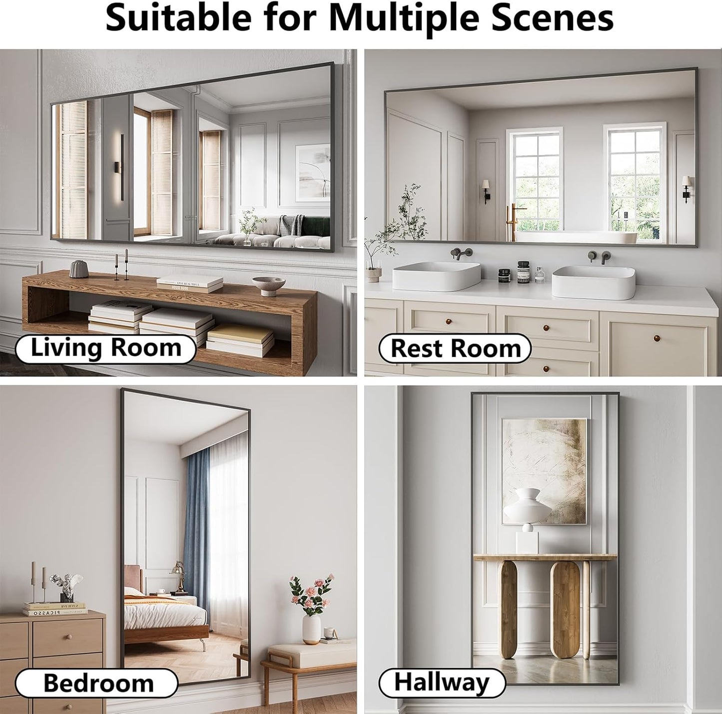 Bathroom Mirror 36x71 Black Bathroom Wall-Mounted Mirrors, Modern Vanity Mirror for Bedroom, Living Room, Aluminum Alloy Frame Allow to Hang Horizontally or Vertically