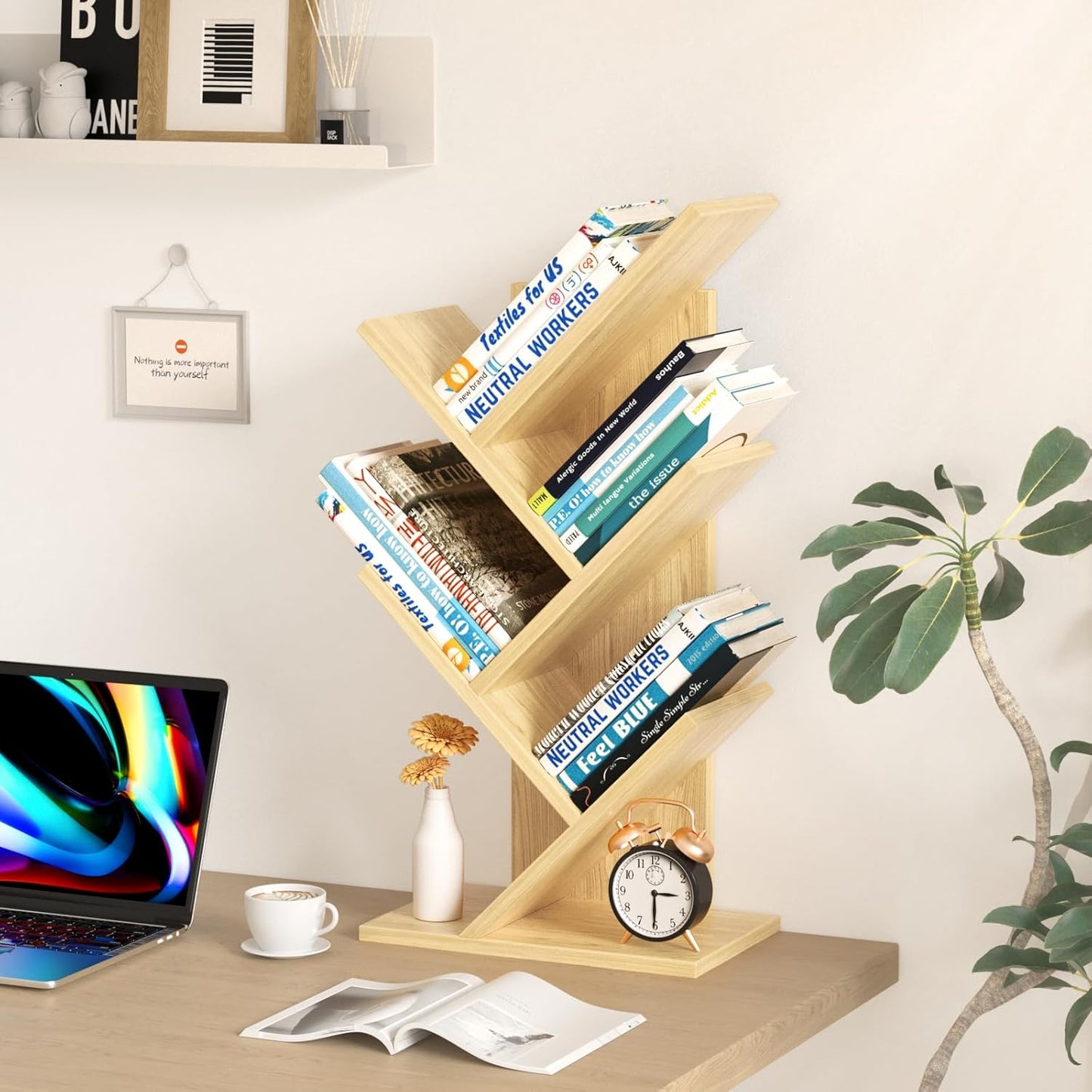 5 Tier Tree Book Shelf, Small Desktop Bookshelf with Storage Organizer, Wood Bookcase, Desk Display Bookshelves, Floor Standing Organizer Bookcases for Living Room,Bedroom,Office-Natural