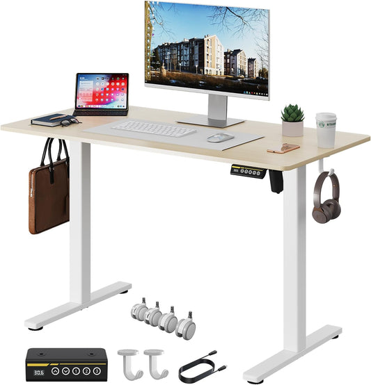 Electric Standing Desk Adjustable Height 40"x24" Stand Up Desk with Lockable Wheels Ergonomic Sit Stand Desk for for Work Office Home Computer Workstation (Nature)