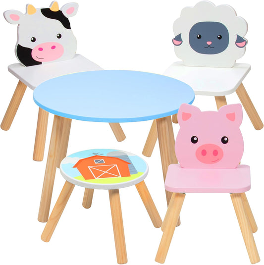 Kids Wooden Animal Table & Chair Set w 4 Seats- Cow Pig Sheep Plus Adult Stool for Arts Crafts, Dining, Pretend Play- Durable Playroom Furniture for Home, Daycare Classroom- Toddler Children Gift