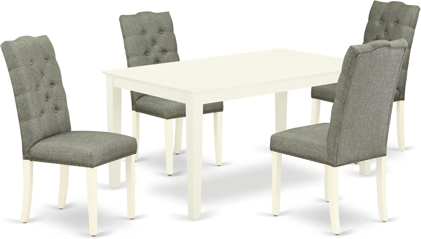 East West Furniture CAEL5-LWH-07 5 Piece Dining Table Set for 4 Includes a Rectangle Kitchen Table and 4 Gray Linen Fabric Upholstered Parson Chairs, 36x60 Inch, Linen White