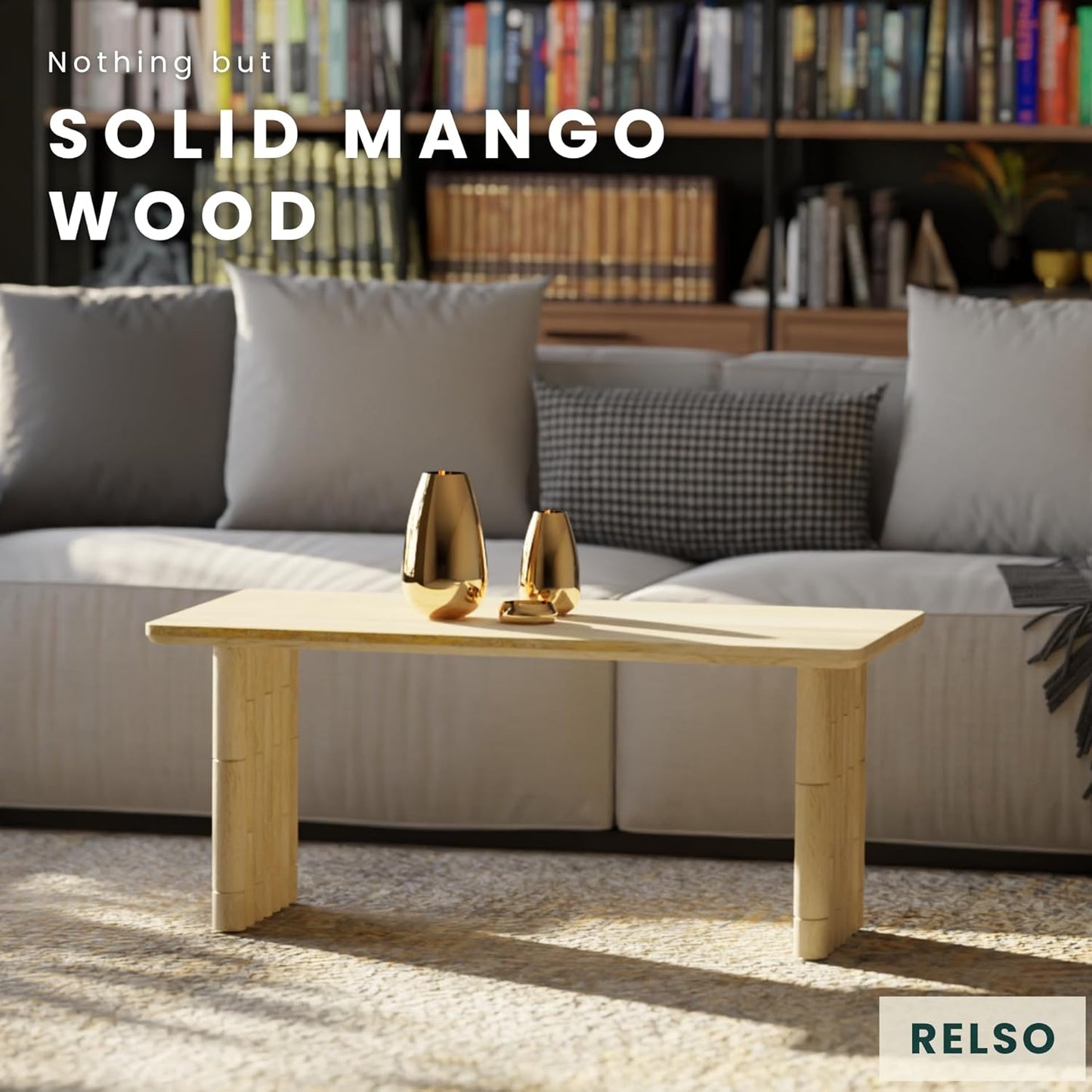 Bambos Coffee Table | Sold Mango Wood Center Table with Natural Finish | Handcrafted Accent for Living Room, Modern Decor, Apartment or Office | Bamboo Inspired Legs, Easy Assembly, Durable, Compact