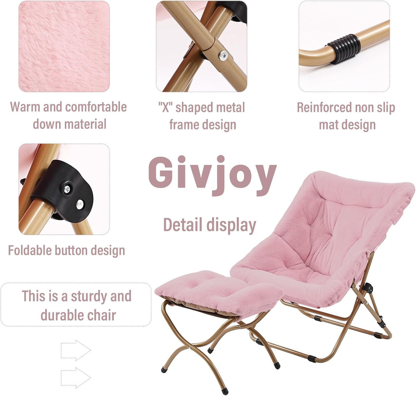 Comfy Folded Chair with Ottoman, Oversized Folding Faux Fur Chair Soft Furry Lounge Lazy Chair with Metal Frame Moon Chair Accent Chair for Bedroom, Living Room, Dorm Rooms