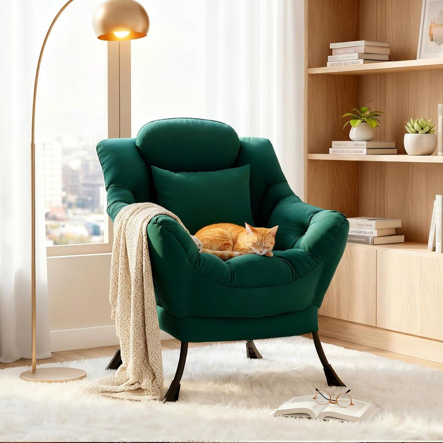 Lazy Chair, Reading Armchair, Large Modern Lounge Accent Chair, Leisure Sofa Chair for Living Room, Bedroom, Dorm Room (Dark Green)