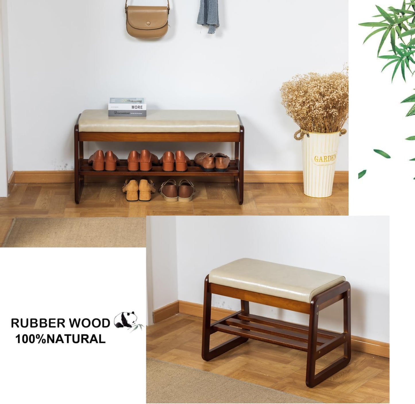 latifolia Solid Wood Bench, Entryway Shoe Bench with Cushion, Flip-Open Storage Compartment, 2-Tier Shoe Organizer(Grey,21.65''L)