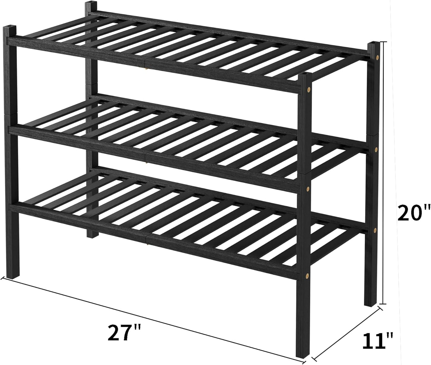 3 Tier Bamboo Shoe Rack for Closet Free Standing Wood Shoe Shelf Storage Organizer for Entryway Small Space Stackable 27"x11"x20" (Black)