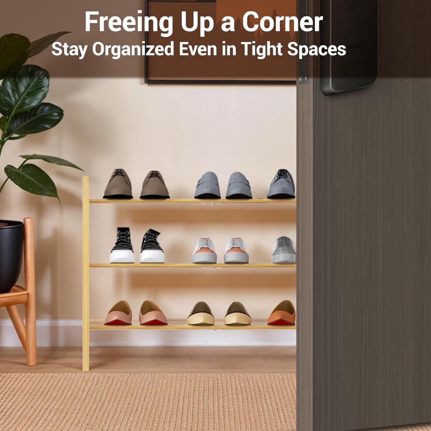 Haddockway Bamboo Shoe Rack for Closet, Free Standing Shoe Organizer with Smooth Round Rods & Convenient Handles, Stackable Shoe Storage Shelf for Entryway, Hallway(Natural, 3-Tier)