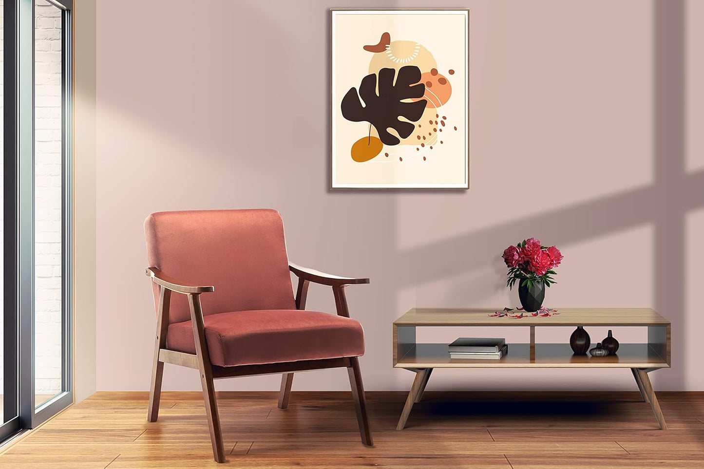 Container Furniture Direct Accent Chair with Microfiber Upholstery and Solid Wood Frame, Classic Mid-Century Modern Living Room Furniture for Extra Seating, Rose