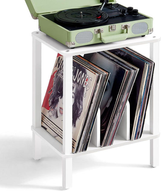 LELELINKY 2-Tier Record Player Stand with Vinyl Record Storage up to 100 Albums, Bedroom Record Holder and Multi-Functional End Table for Living Room, White