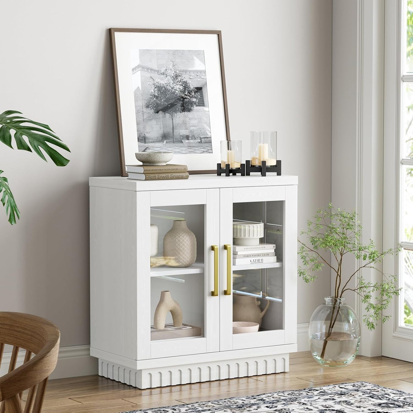 Buffet Cabinet with Storage, Sideboard Buffet with Glass Doors, Cupboard Console Table Accent Cabinet for Hallway, Entry, Kitchen, Living Room, Dining Room, Montauk White