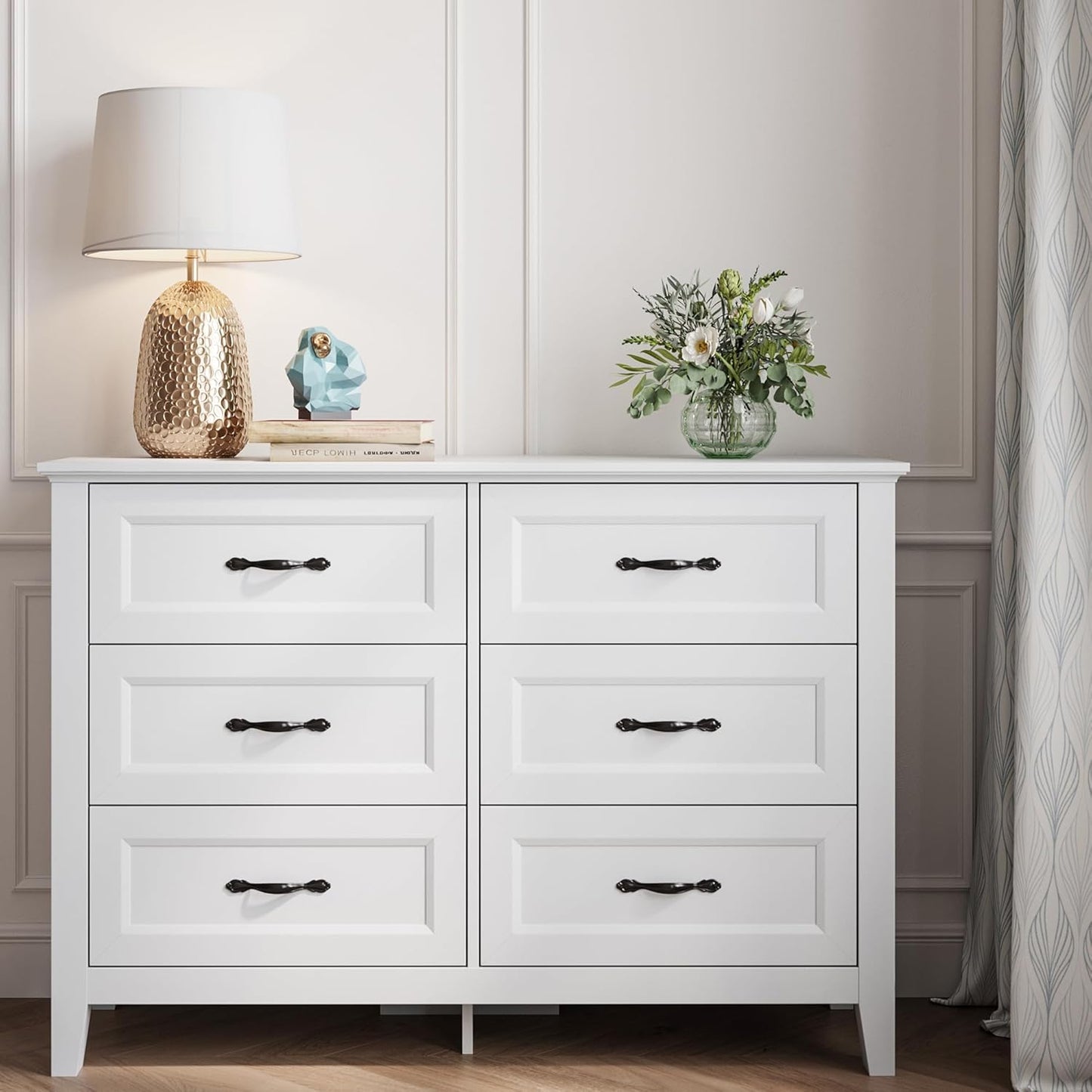 LINSY HOME 6 Drawers Dresser for Bedroom, 47" Wide Wooden Storage Chest with Antique Handles, Modern Farmhouse Dresser TV Stand with Wood Legs for Closet, Living Room, Hallway, White