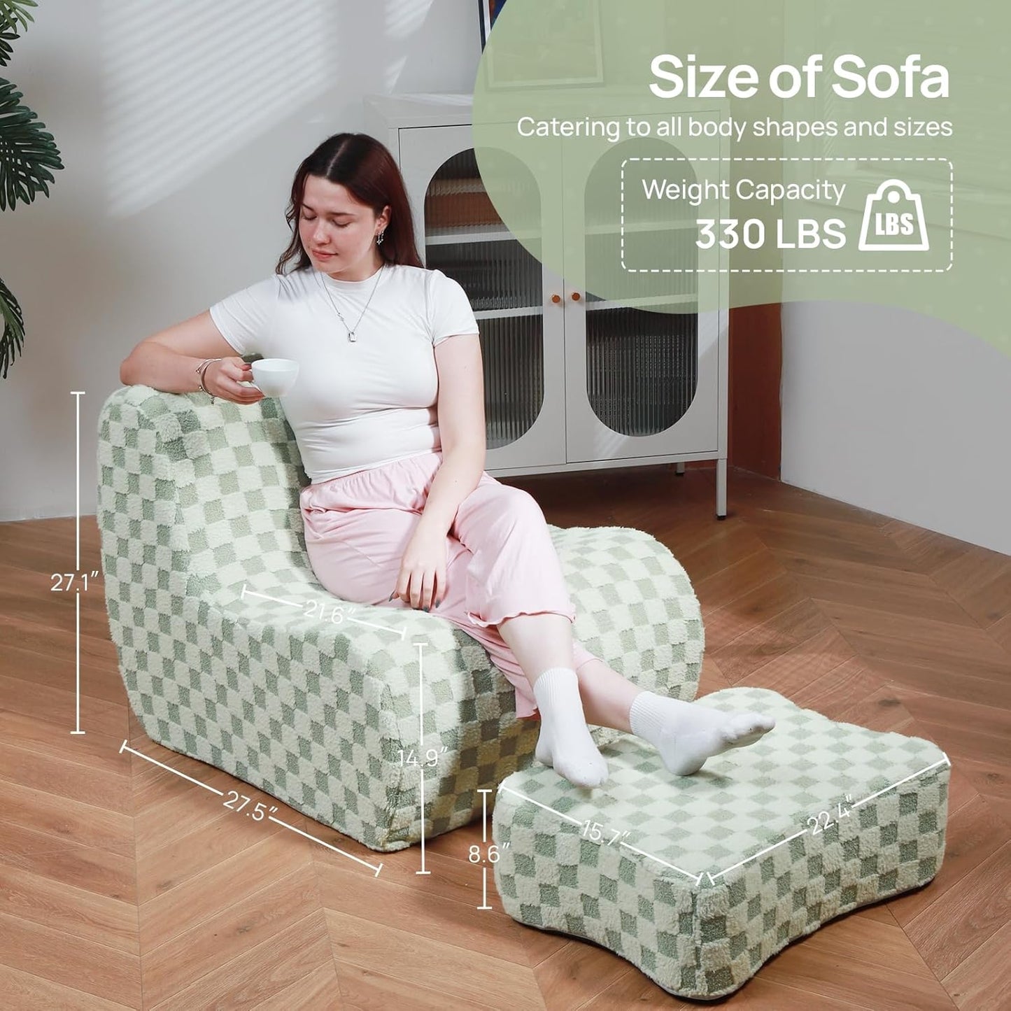 Giant Bean Bag Chair for Adults with Ottoman, Teddy Fabric Beanbag Chair with Memory Foam Filled,Plush Lazy Floor Sofa with Footstool Couch for Living Room,Bedroom,Dorm, Apartment, Green