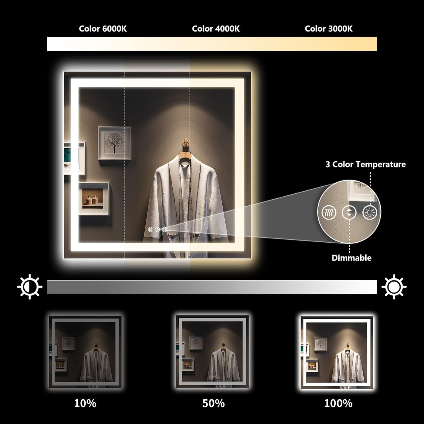 36x36 Inch LED Bathroom Mirror with Lights Front and Backlit Lighted Vanity Mirror for Bathroom Wall with 3 Colors Dimmable Anti-Fog Memory Shatter-Proof IP54 Waterproof Horizontal/Vertical