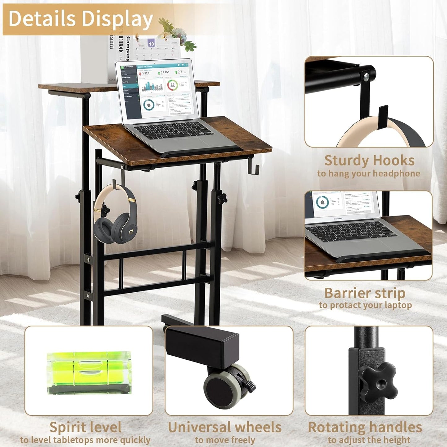SIDUCAL Mobile Standing Desk, Portable Stand Up Desk, Small Adjustable Converter with Wheels Home Office Workstation, Rolling Laptop Cart for Sitting, Rustic Brown