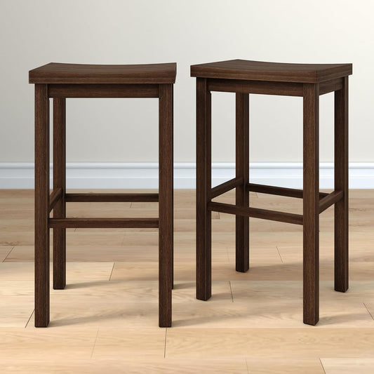 Grain & Grove Smith Collection Set of 2 Solid Wood Bar Stools, 30 inch Saddle-Seat Bar Chairs, Backless, Heavy-Duty Construction, Footrest Support, for Kitchen Islands, Home Bars, and Counters, Walnut