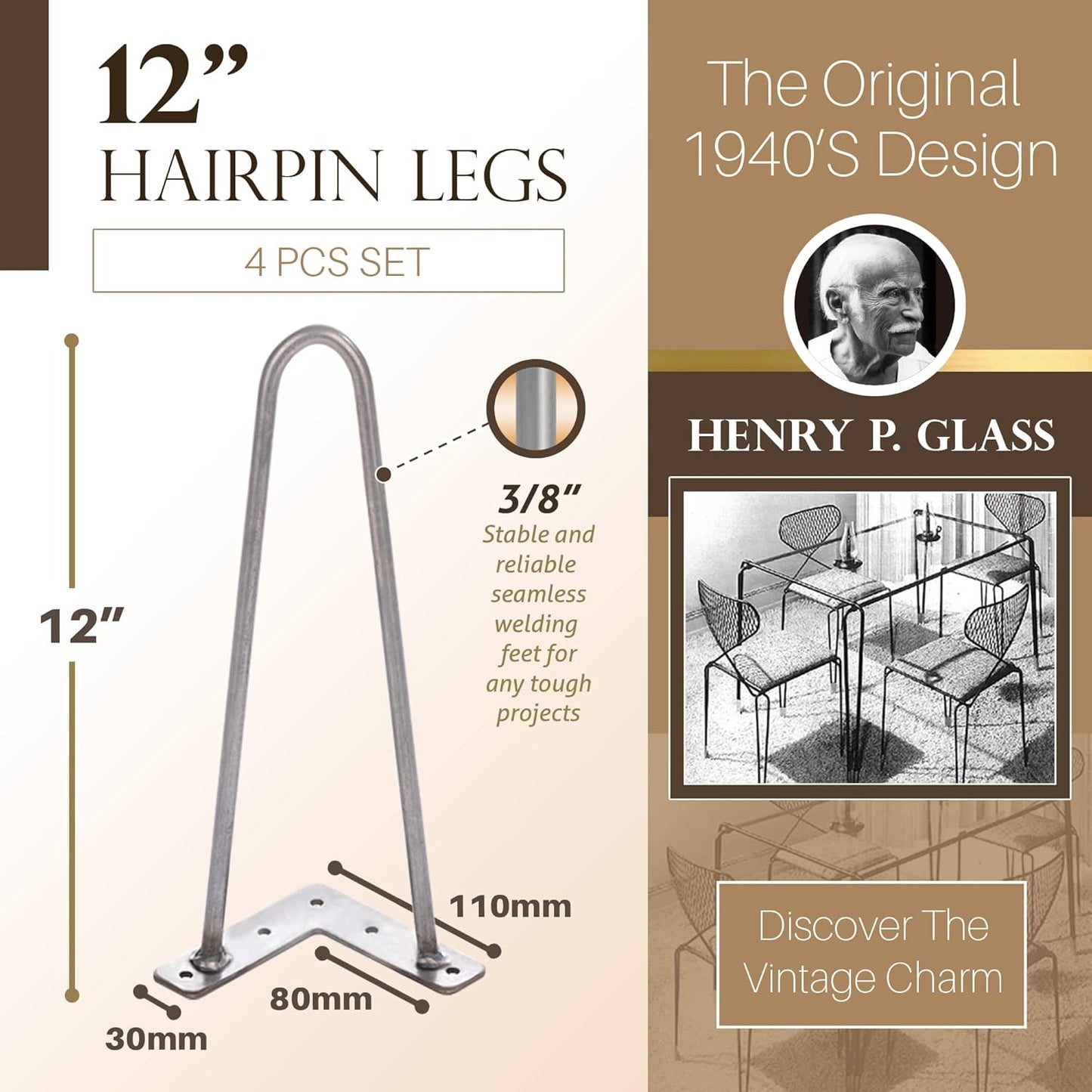 TEN49 Heavy Duty Hairpin Table Leg - 12 Inch Industrial Furniture Legs - Raw Steel Color Solid Rods Metal Leg for Table - Fit for Mid-Century Modern Bed End, Coffee Table, TV Stand, Chair Legs