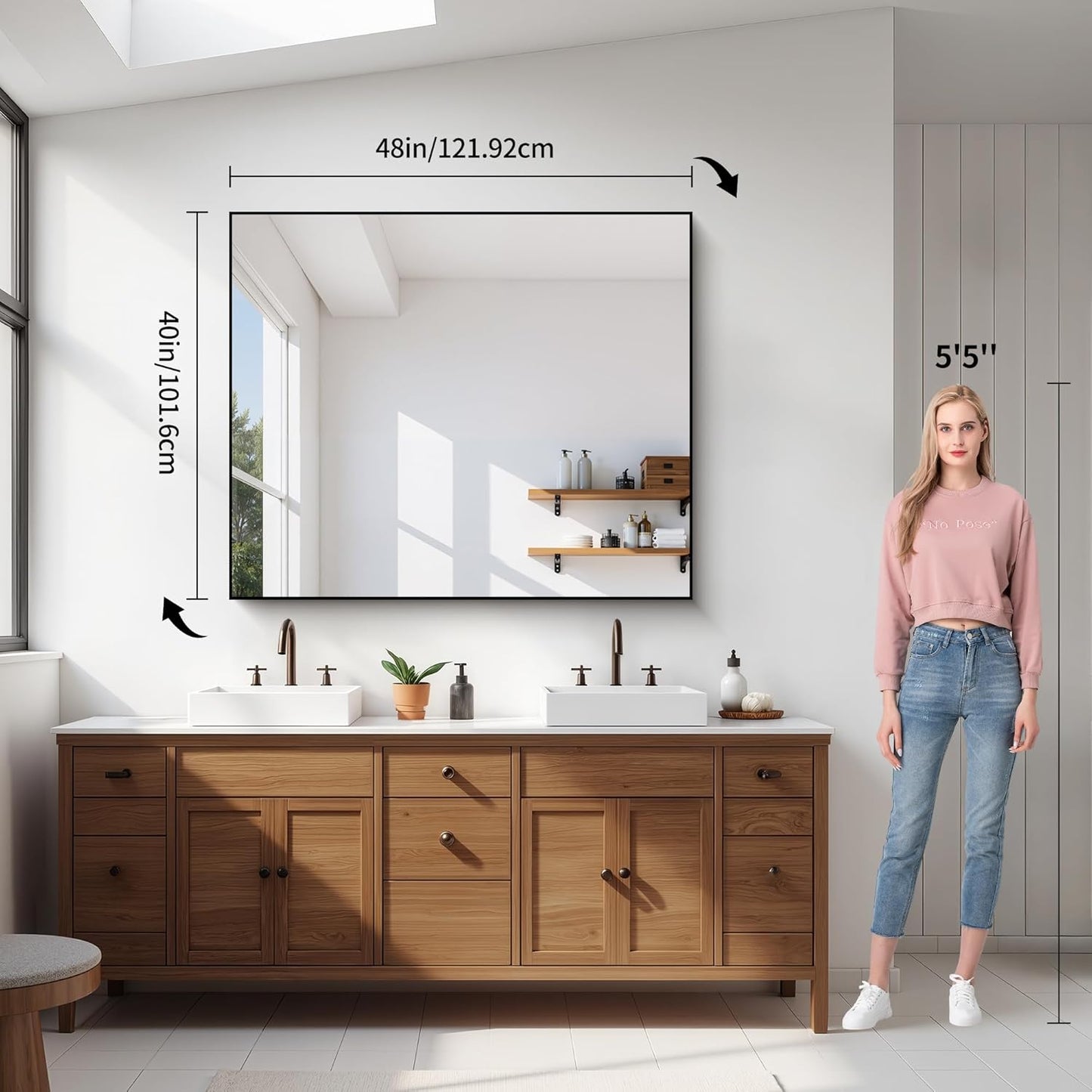 YIROMAN Bathroom Mirror 48"x40", Large Brushed Silver Bathroom Mirror for Over Sink with Aluminum Frame, Rectangular Vanity Mirror with Right Angle, Wall Mirror Hangs Horizontal or Vertical