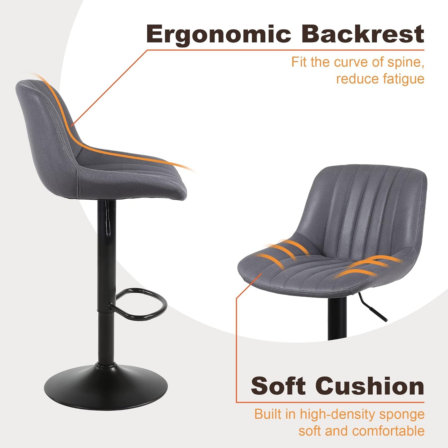 Bar Stools Set of 4, Swivel Counter Height Barstools with Back, Adjustable PU Leather Bar Chairs, Modern Armless Kitchen Island Stool, Dark Grey