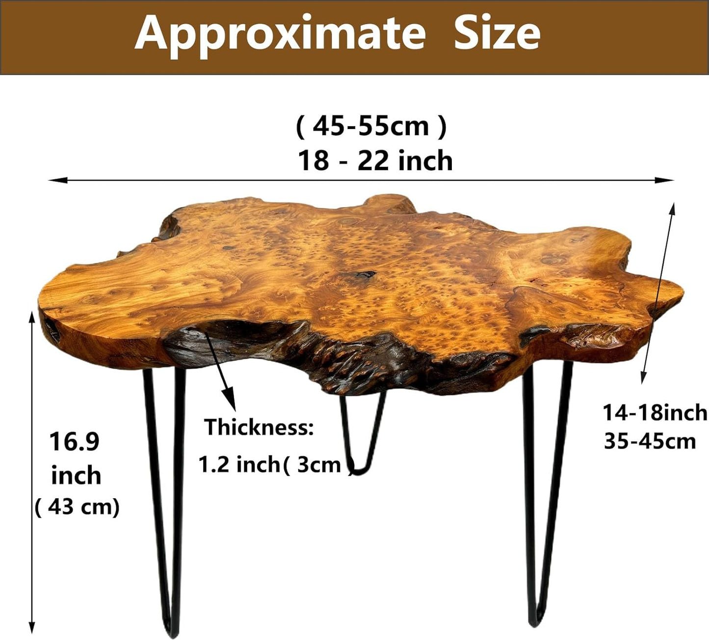 Live Edge Coffee Table, Natural Wood Coffee Table for Living Room, Natural Fir Unique Desktop with Metal Hairpin Legs (Medium)