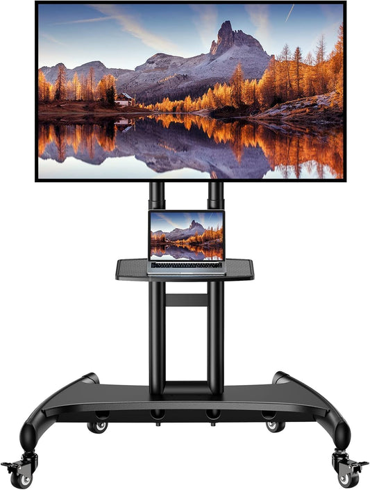 Perlegear Mobile TV Cart for 32-82 Inch Flat/Curved LED/LCD/OLED TVs Rolling TV Stand with Height Adjustable Shelf Max VESA 600x400mm up to 100lbs- Outdoor TV Stand Trolley with Wheels PGTVMC05-1