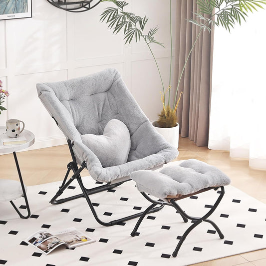 Comfy Saucer Chair with Ottoman, Oversized Folding Faux Fur Chair Soft Furry Lounge Lazy Chair with Metal Frame Moon Chair Accent Chair for Bedroom, Living Room, Dorm Rooms, Grey