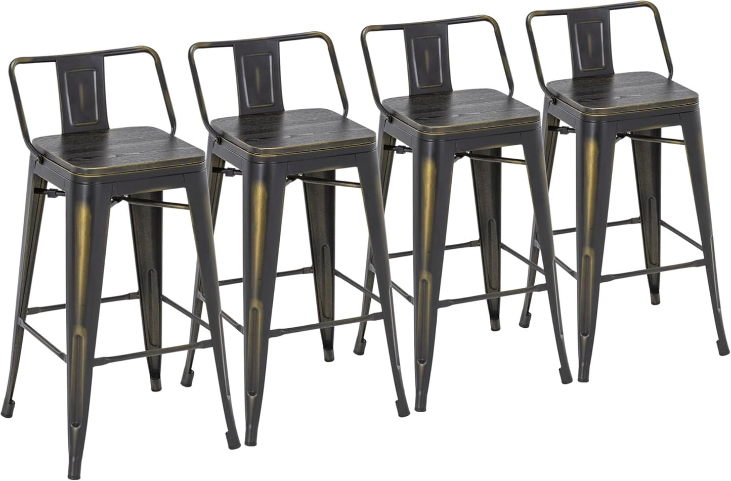 Yongchuang 26 inch Metal Bar Stools Set of 4 Counter Bar Stools Distressed Gold Black Wood Top Low Back