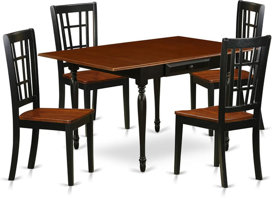 East West Furniture MZNI5-BCH-W 5 Piece Kitchen Table Set for 4 Includes a Rectangle Dining Room Table with Dropleaf and 4 Solid Wood Seat Chairs, 36x54 Inch, Black & Cherry
