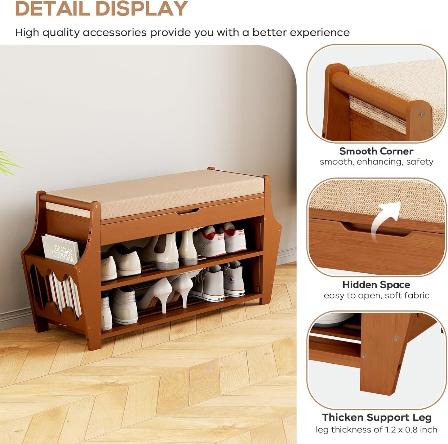 34.3in Shoe Bench, Bamboo 3-Tier Entryway Bench with Storage, Shoe Rack Organizer Holds Up to 330 lb, 34.3 x 11.8 x 18.9 Inches for Entryway Bedroom Closet Living Room Hallway