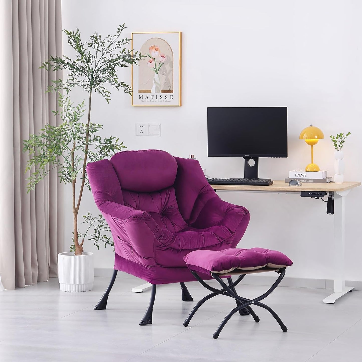 Lazy Chair with Ottoman, Modern Accent Chair Lounge Leisure Sofa Chair with Armrests, Reading Chair and Folding Footstool Set for Living Room, Bedroom, Office