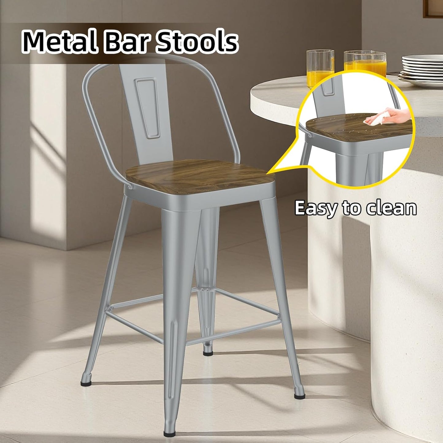 Metal Bar Stools Set of 4, High Back Bar Stools with Wooden Seat, 26 inch Silver Barstools for Kitchen Island