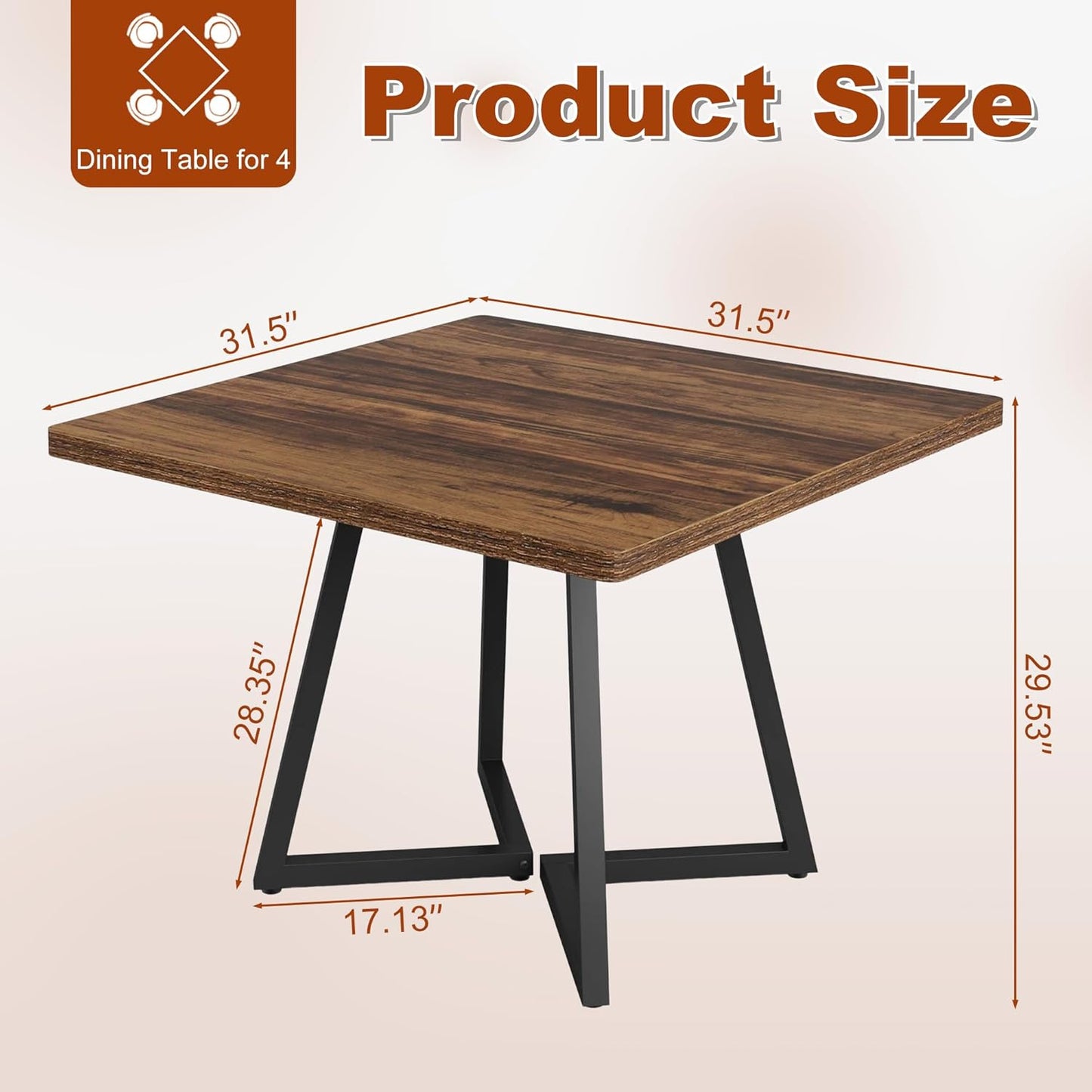 Square Dining Table for 4, 31.5-Inch Farmhouse Dinner Table Wooden Kitchen Tables with Metal Base for Dining Room, Kitchen, Living Room, Brown