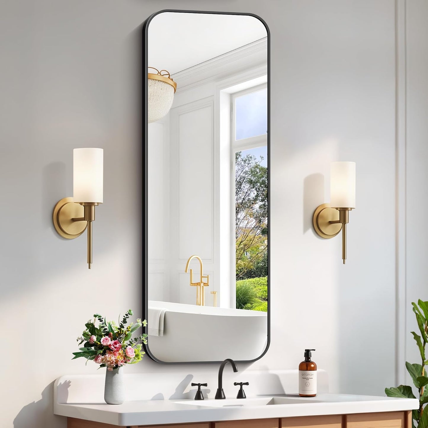 FORBATH Bathroom Mirror 20" x 55", Rectangle Black Bathroom Mirror with Black Aluminum Frame Rounded Corner, Wall Mounted Mirror for Bedroom Entryway Living Room
