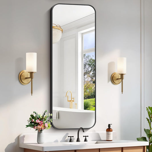 FORBATH Bathroom Mirror 20" x 55", Rectangle Black Bathroom Mirror with Black Aluminum Frame Rounded Corner, Wall Mounted Mirror for Bedroom Entryway Living Room
